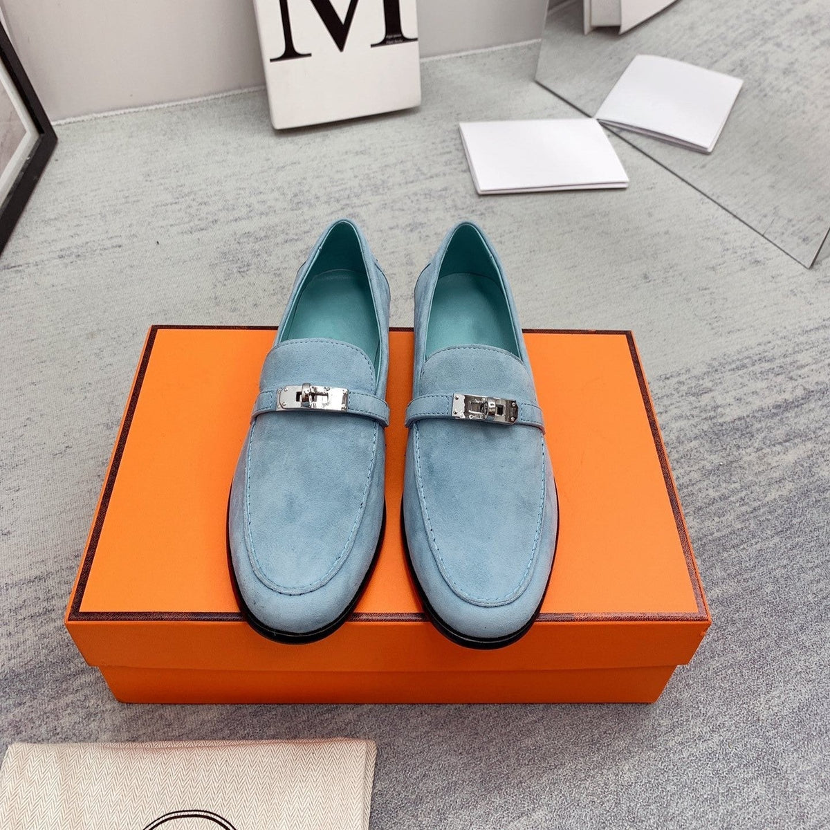 HERMES Destin Loafer Suede Light Blue
